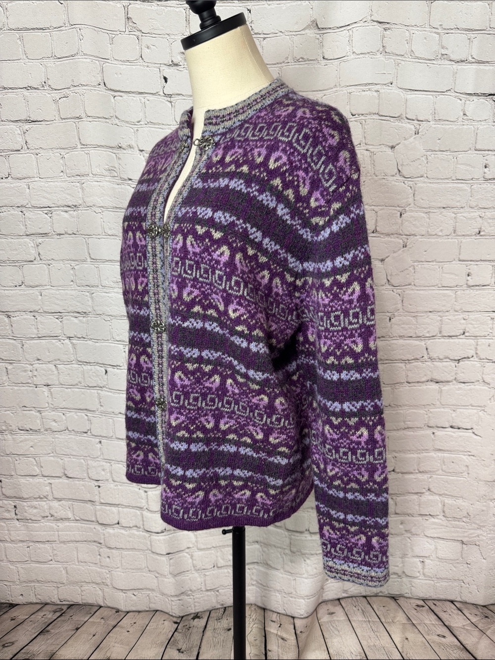 Y2K Eagle’s Eye Wool Fair Isle Hook Cardigan Purple Size Small S, M - Picture 7 of 11